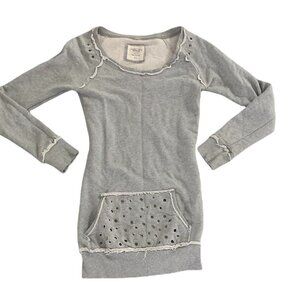 ONLY US 0-2/EU XS Raw Seam Grommet Tunic Kangaroo Pocket Sweatshirt Gray #181N